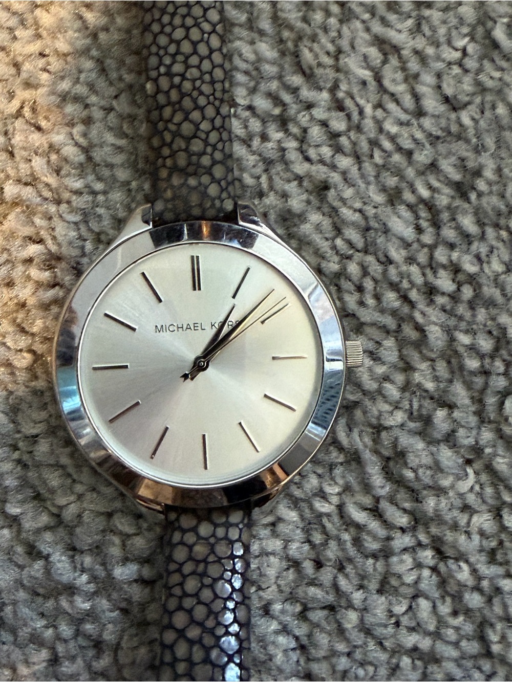 Michael Kors Women’s Silver Dial Watch with Gray Textured Leather Strap